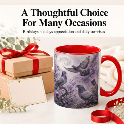 #pl[11oz|Red] Purple Pigeon Ceramic Mug, Moonlit Floral Bird Art for Bird Fans