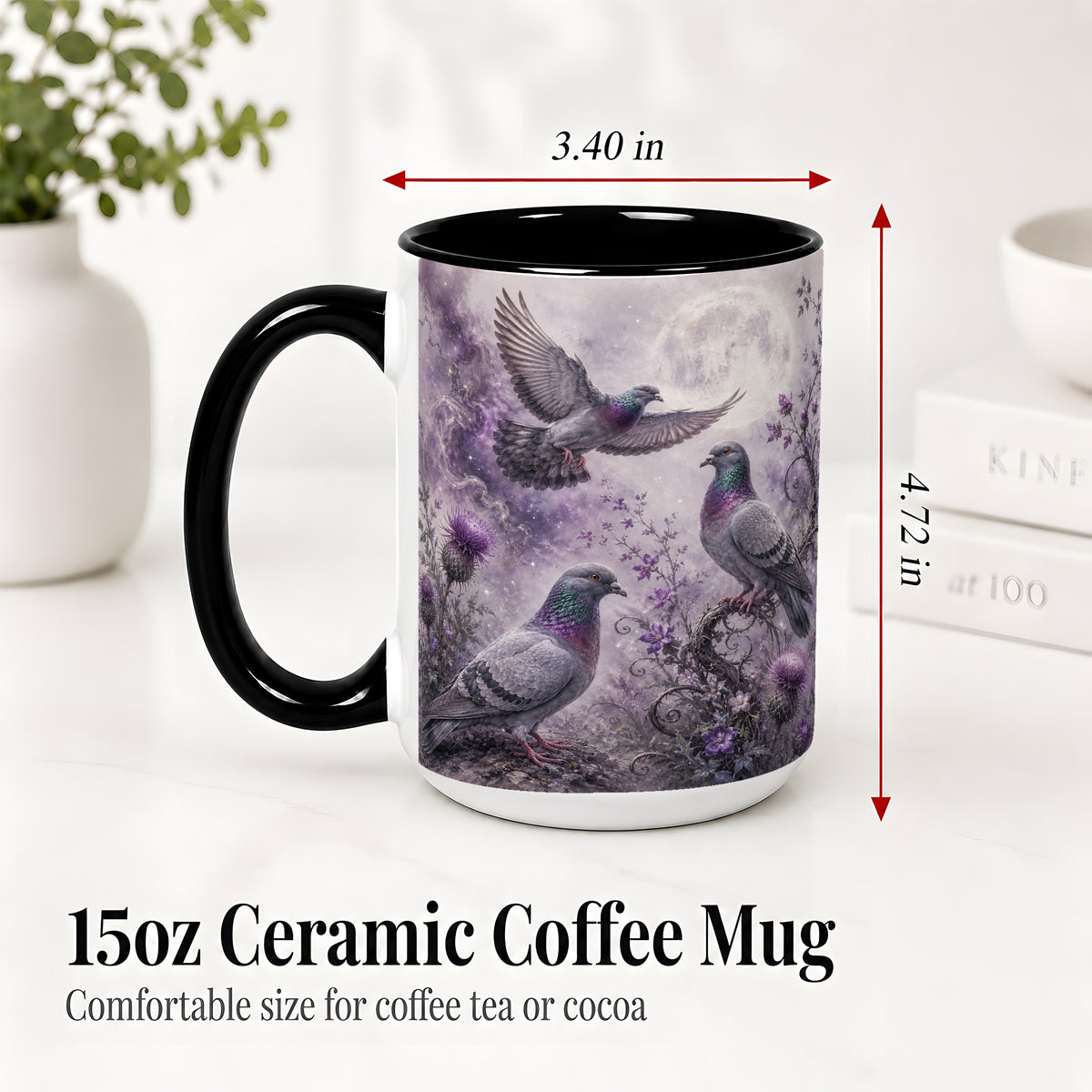 #pl[15oz|Black] Purple Pigeon Ceramic Mug, Moonlit Floral Bird Art for Bird Fans
