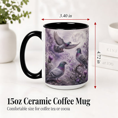 #pl[15oz|Black] Purple Pigeon Ceramic Mug, Moonlit Floral Bird Art for Bird Fans