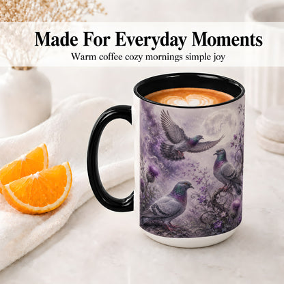 #pl[15oz|Black] Purple Pigeon Ceramic Mug, Moonlit Floral Bird Art for Bird Fans