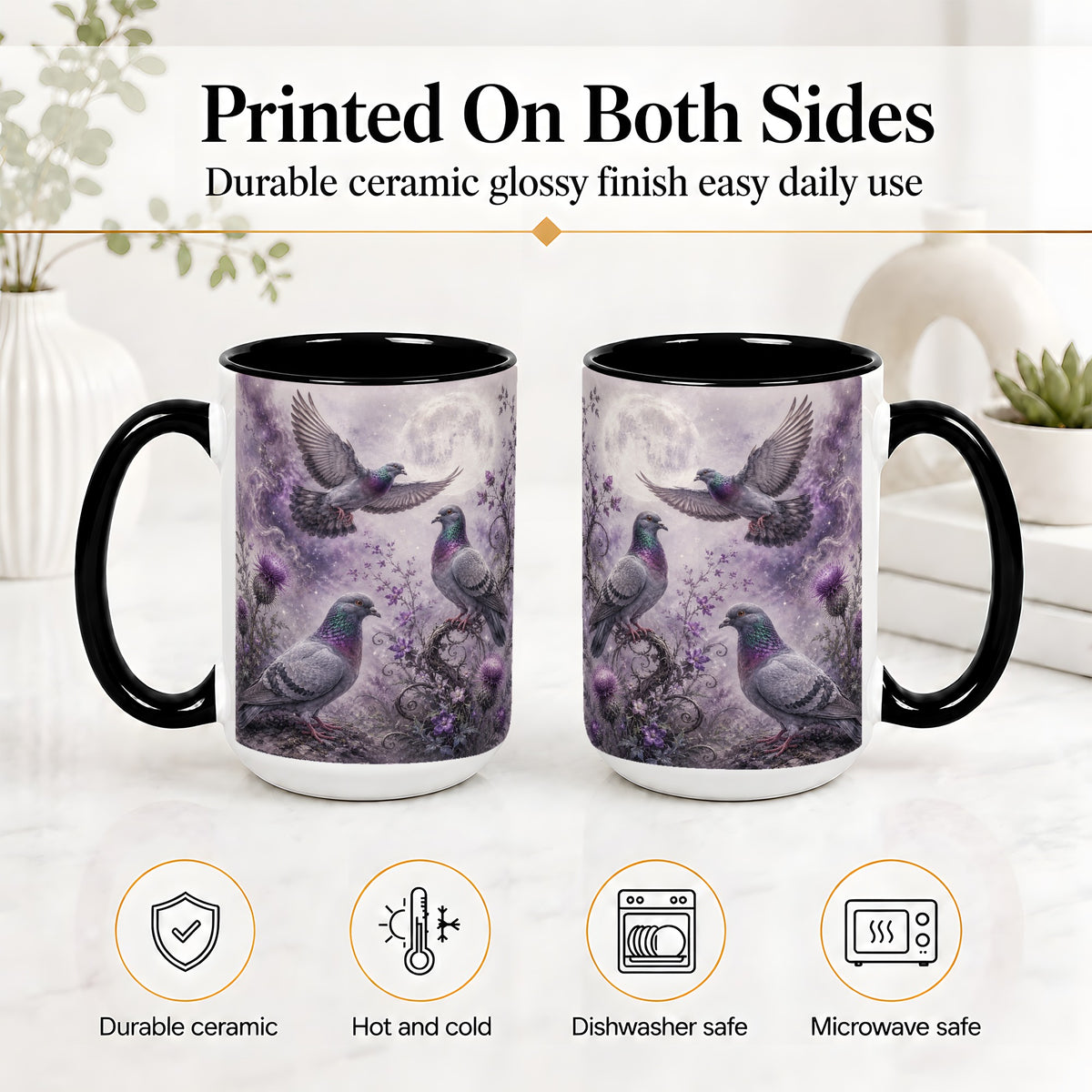#pl[15oz|Black] Purple Pigeon Ceramic Mug, Moonlit Floral Bird Art for Bird Fans