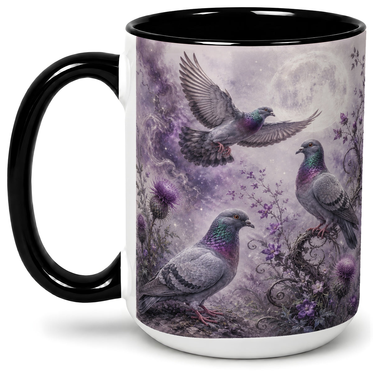 #pl[15oz|Black] Purple Pigeon Ceramic Mug, Moonlit Floral Bird Art for Bird Fans