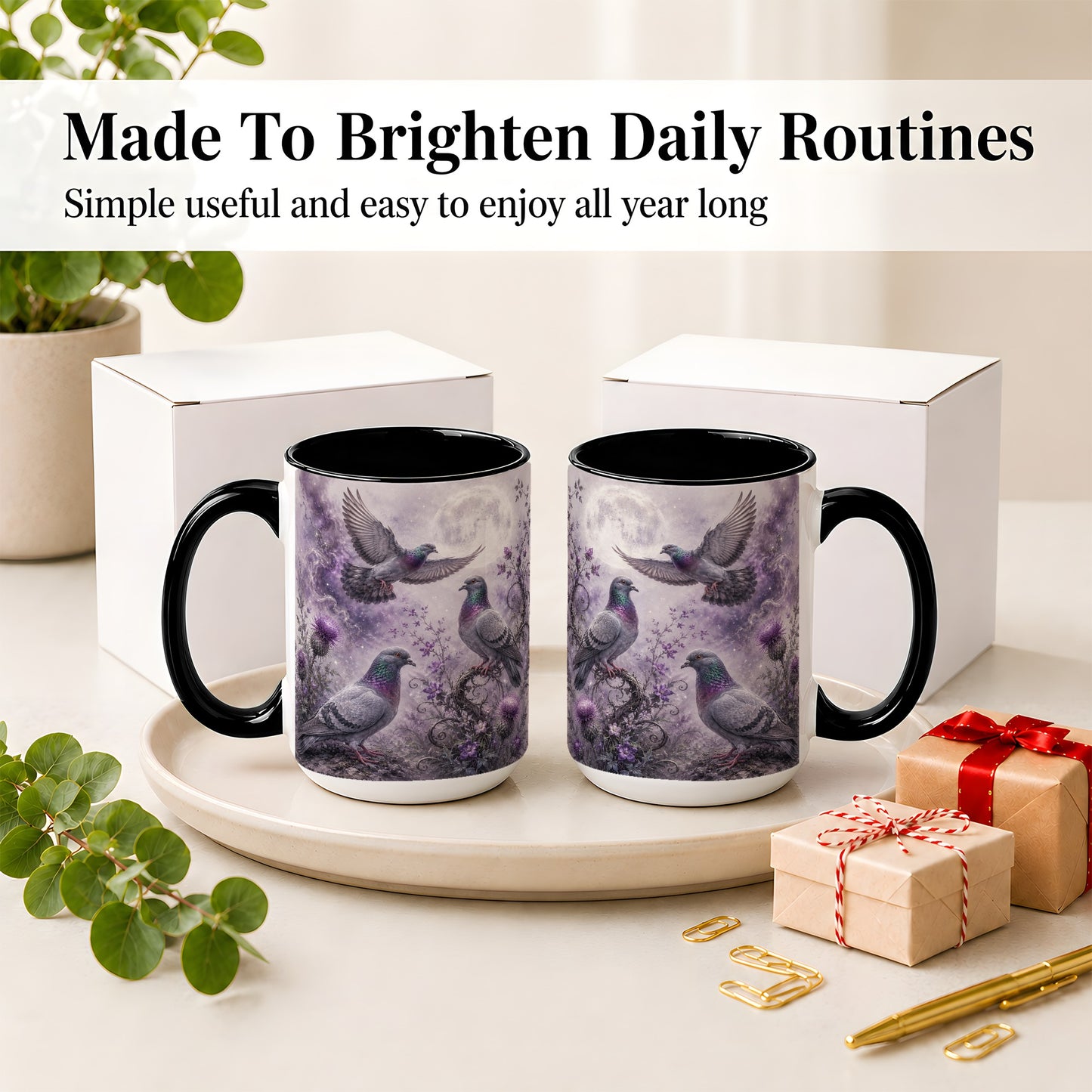 #pl[15oz|Black] Purple Pigeon Ceramic Mug, Moonlit Floral Bird Art for Bird Fans