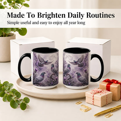 #pl[15oz|Black] Purple Pigeon Ceramic Mug, Moonlit Floral Bird Art for Bird Fans