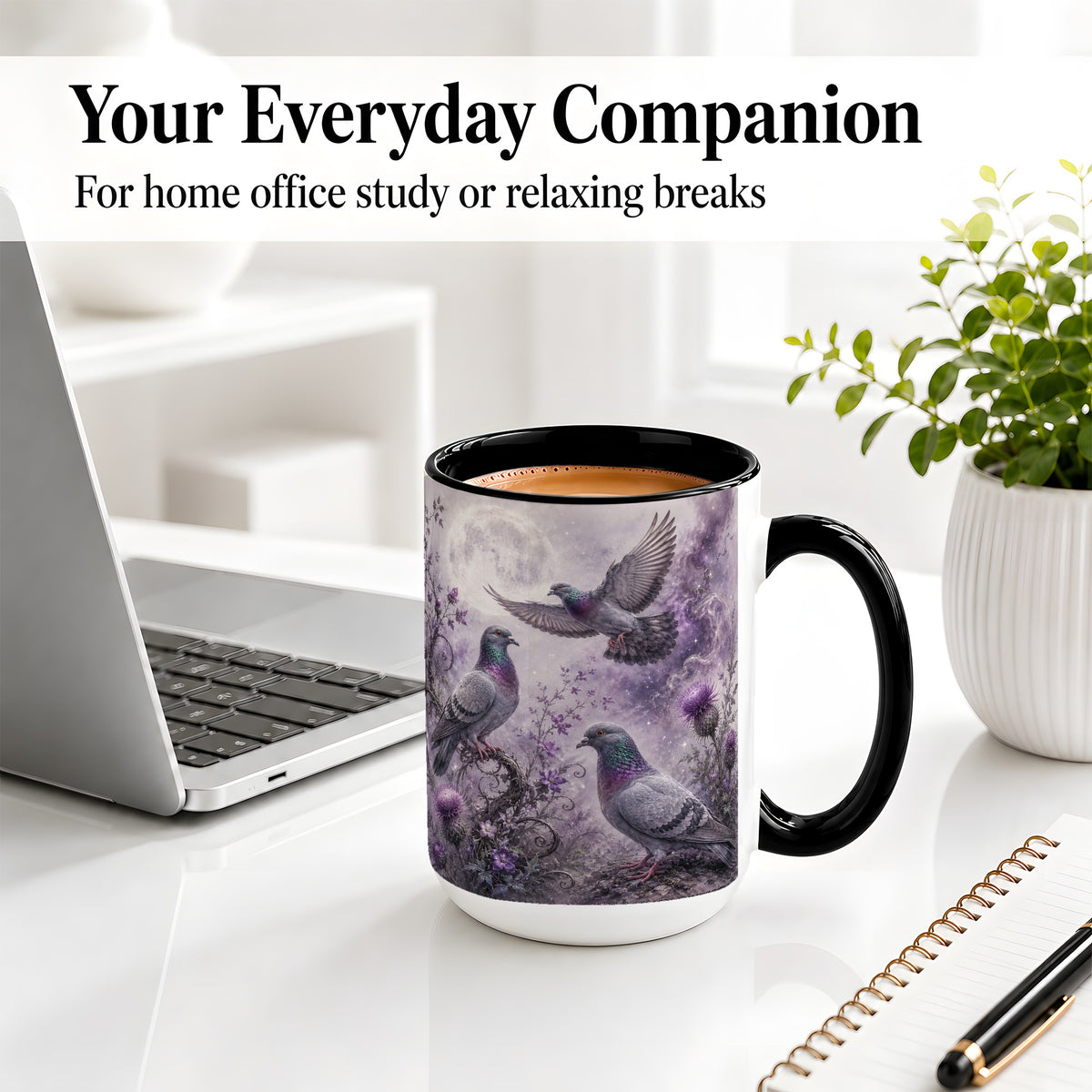 #pl[15oz|Black] Purple Pigeon Ceramic Mug, Moonlit Floral Bird Art for Bird Fans