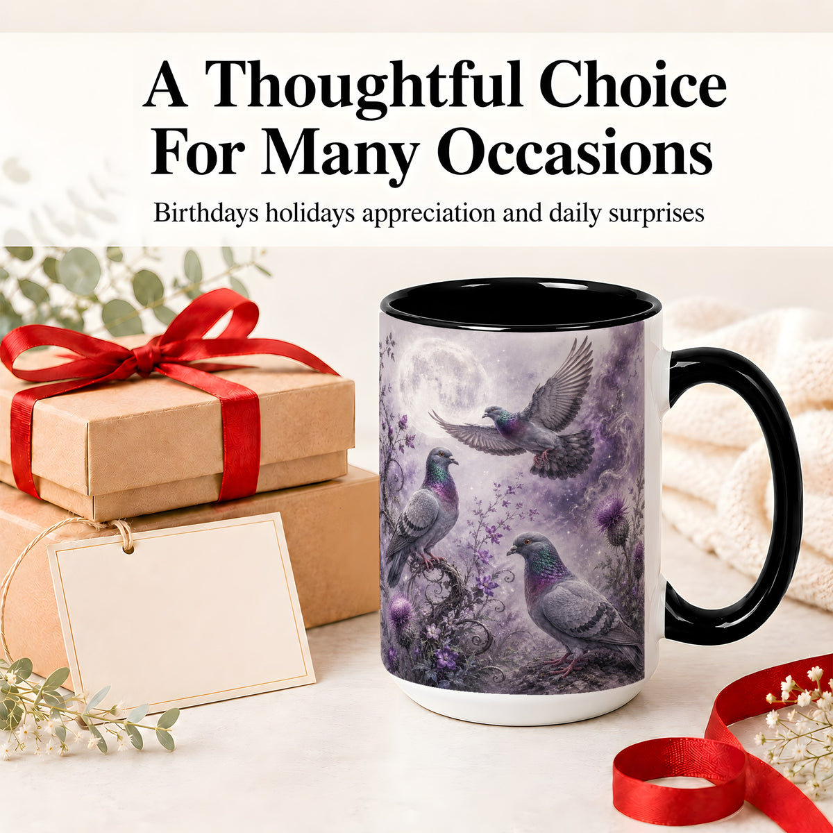#pl[15oz|Black] Purple Pigeon Ceramic Mug, Moonlit Floral Bird Art for Bird Fans