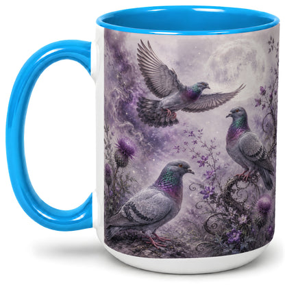 #pl[15oz|Blue] Purple Pigeon Ceramic Mug, Moonlit Floral Bird Art for Bird Fans