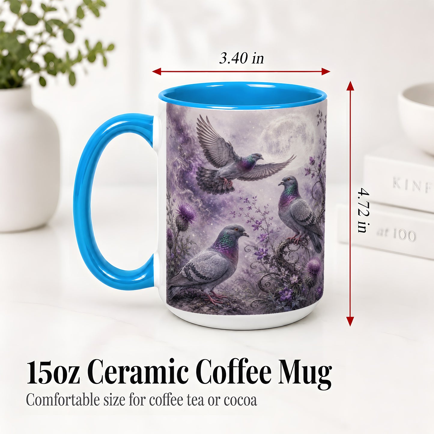 #pl[15oz|Blue] Purple Pigeon Ceramic Mug, Moonlit Floral Bird Art for Bird Fans