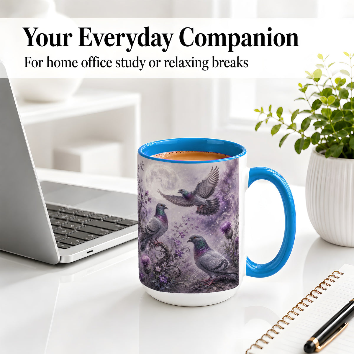#pl[15oz|Blue] Purple Pigeon Ceramic Mug, Moonlit Floral Bird Art for Bird Fans