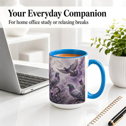 #pl[15oz|Blue] Purple Pigeon Ceramic Mug, Moonlit Floral Bird Art for Bird Fans