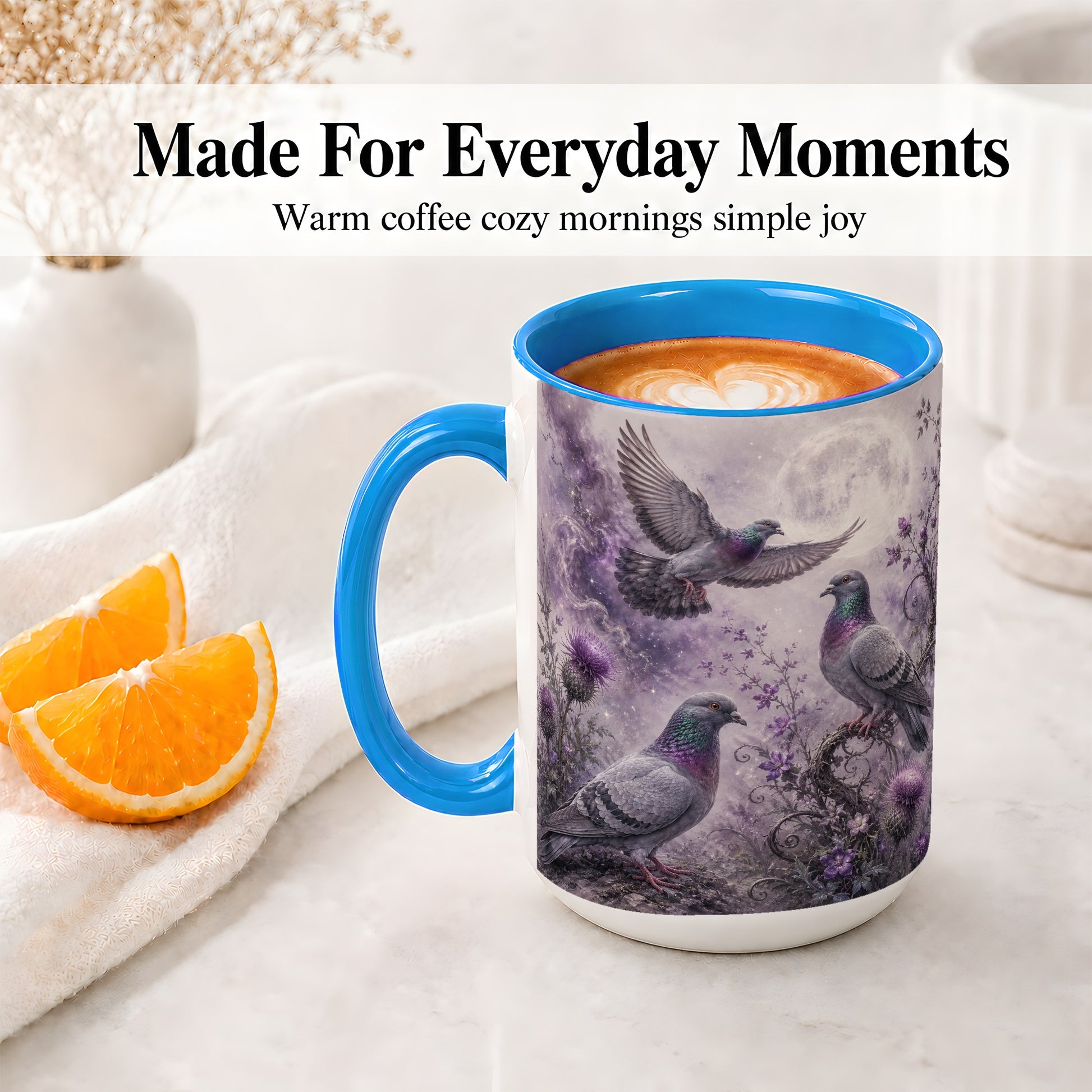 #pl[15oz|Blue] Purple Pigeon Ceramic Mug, Moonlit Floral Bird Art for Bird Fans
