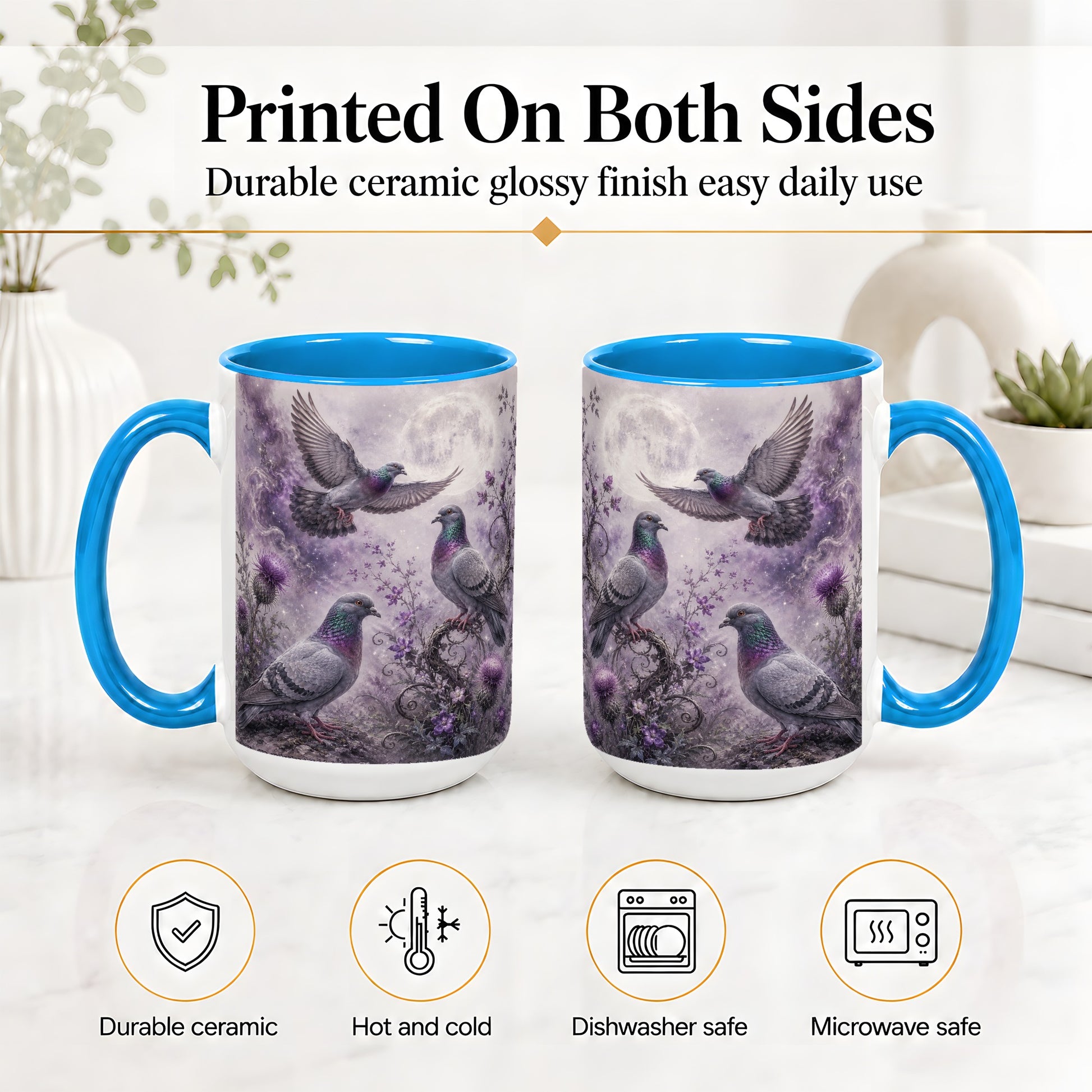 #pl[15oz|Blue] Purple Pigeon Ceramic Mug, Moonlit Floral Bird Art for Bird Fans