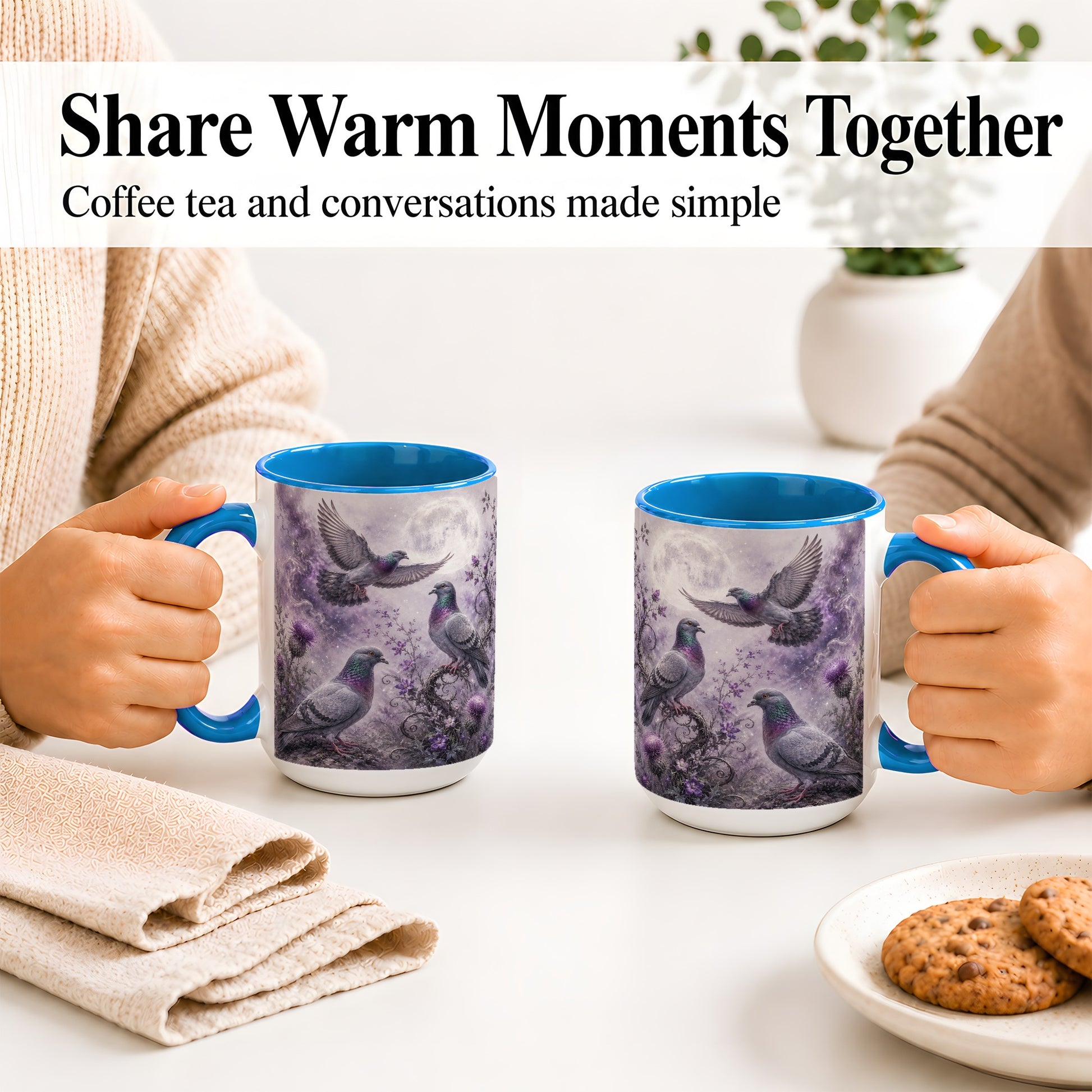 #pl[15oz|Blue] Purple Pigeon Ceramic Mug, Moonlit Floral Bird Art for Bird Fans