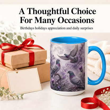 #pl[15oz|Blue] Purple Pigeon Ceramic Mug, Moonlit Floral Bird Art for Bird Fans