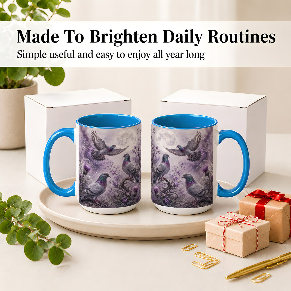 #pl[15oz|Blue] Purple Pigeon Ceramic Mug, Moonlit Floral Bird Art for Bird Fans