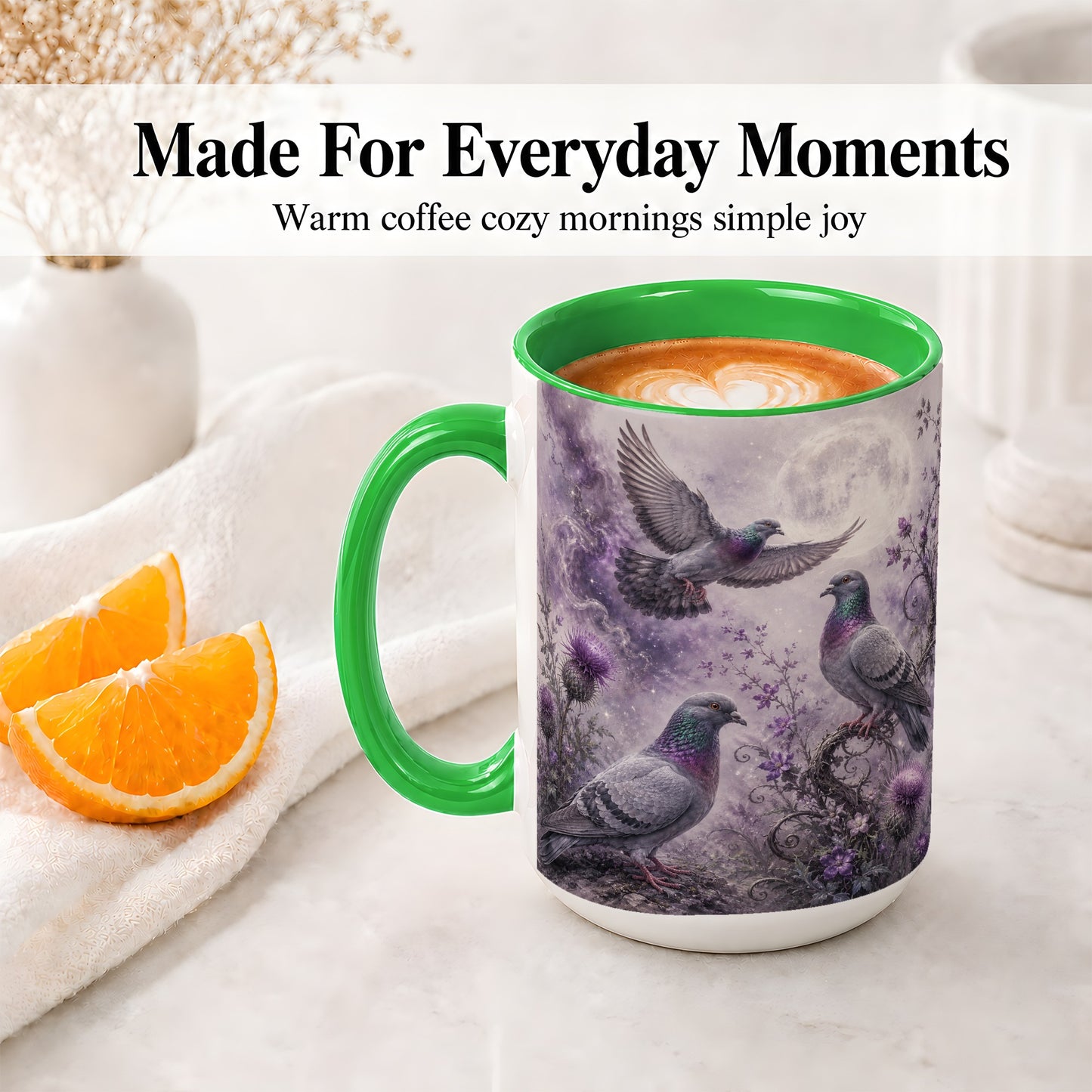 #pl[15oz|Green] Purple Pigeon Ceramic Mug, Moonlit Floral Bird Art for Bird Fans