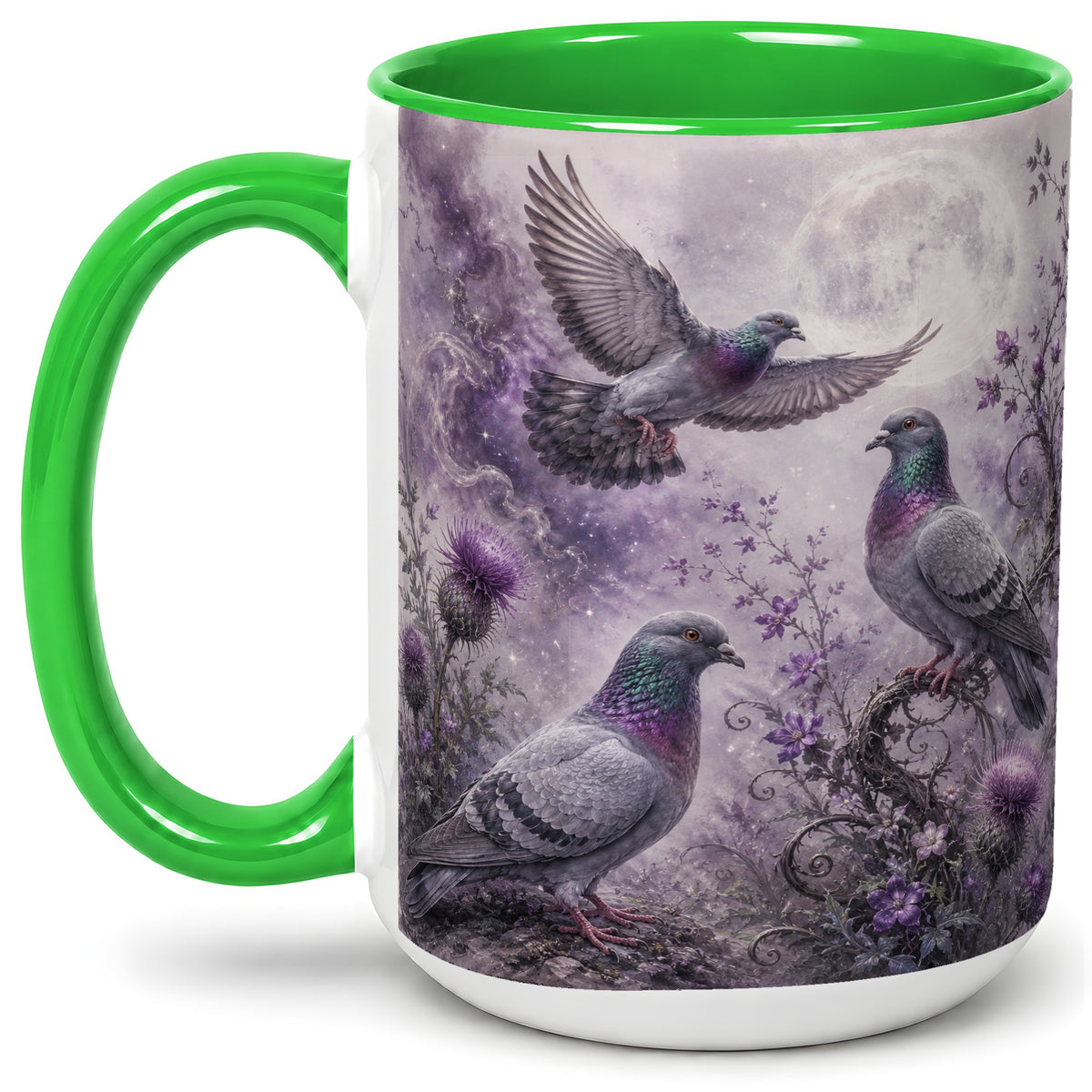 #pl[15oz|Green] Purple Pigeon Ceramic Mug, Moonlit Floral Bird Art for Bird Fans