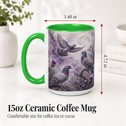 #pl[15oz|Green] Purple Pigeon Ceramic Mug, Moonlit Floral Bird Art for Bird Fans