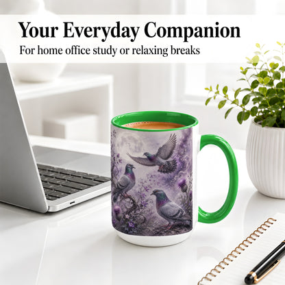#pl[15oz|Green] Purple Pigeon Ceramic Mug, Moonlit Floral Bird Art for Bird Fans