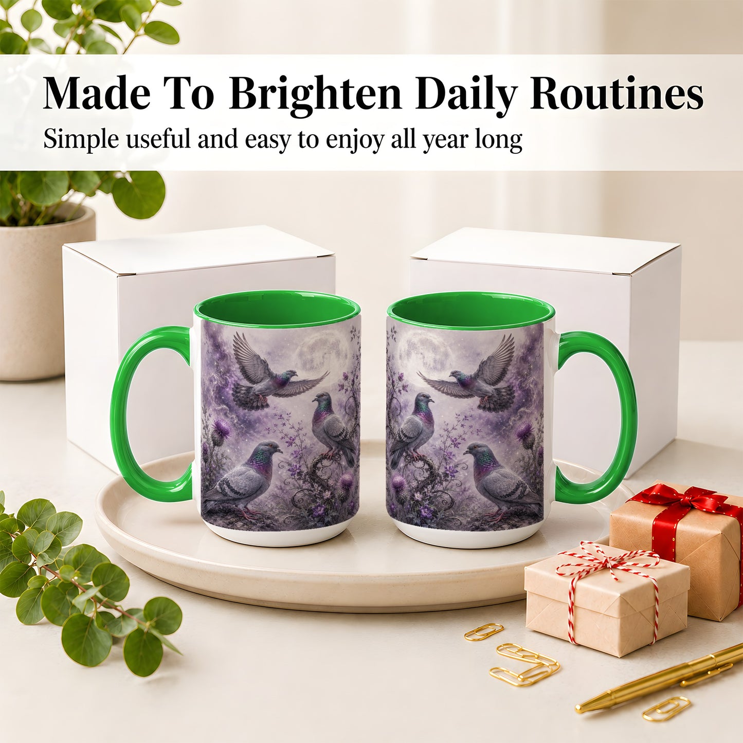 #pl[15oz|Green] Purple Pigeon Ceramic Mug, Moonlit Floral Bird Art for Bird Fans
