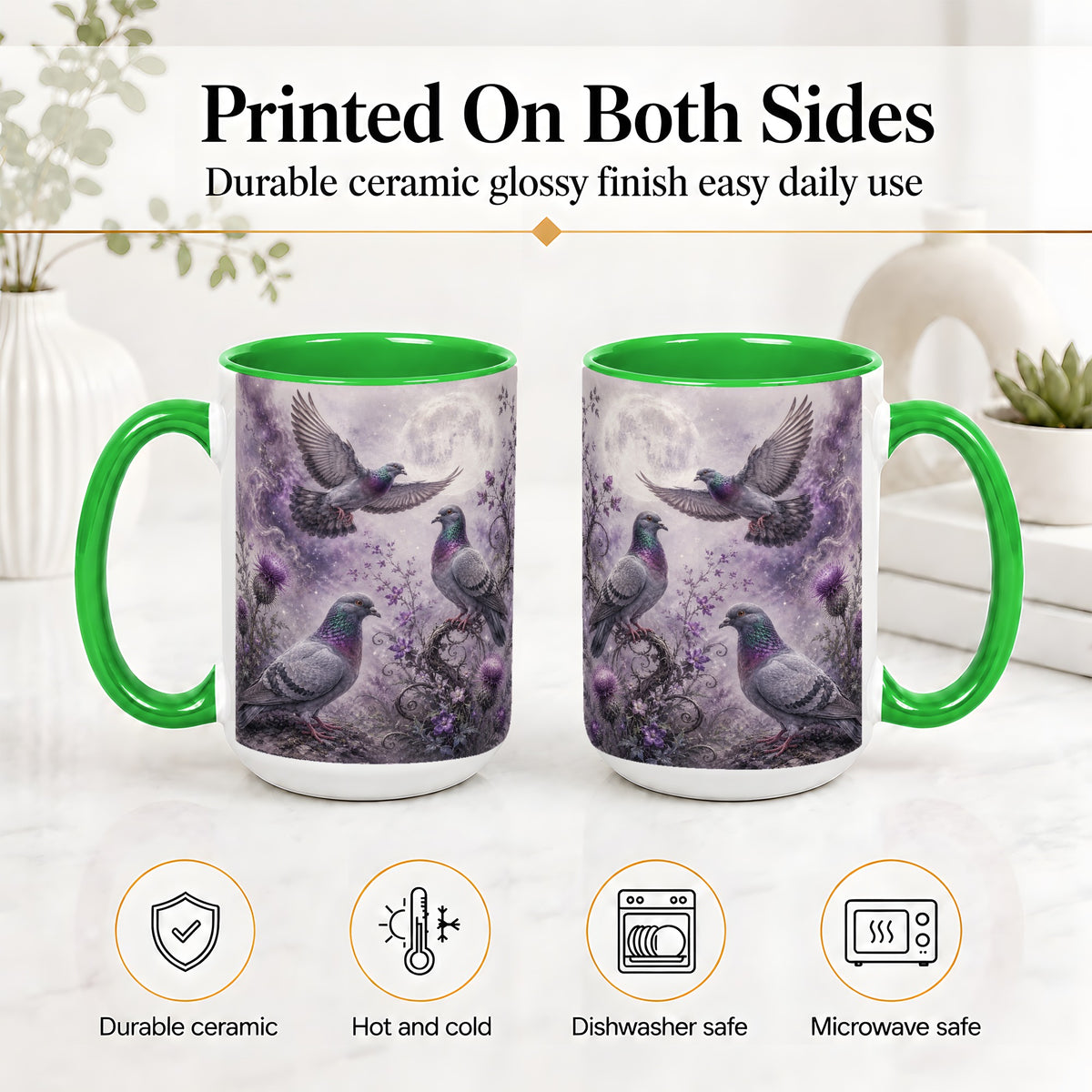 #pl[15oz|Green] Purple Pigeon Ceramic Mug, Moonlit Floral Bird Art for Bird Fans