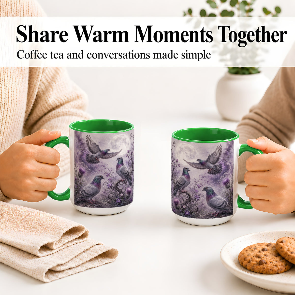 #pl[15oz|Green] Purple Pigeon Ceramic Mug, Moonlit Floral Bird Art for Bird Fans