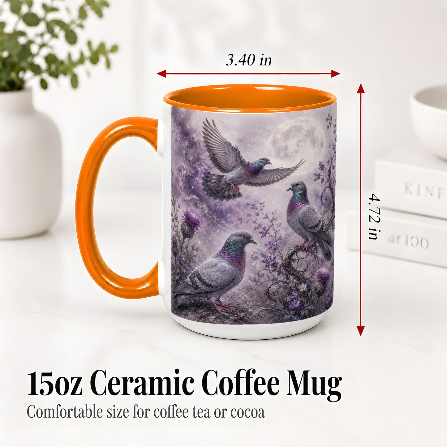 #pl[15oz|Orange] Purple Pigeon Ceramic Mug, Moonlit Floral Bird Art for Bird Fans