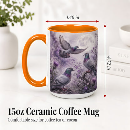 #pl[15oz|Orange] Purple Pigeon Ceramic Mug, Moonlit Floral Bird Art for Bird Fans