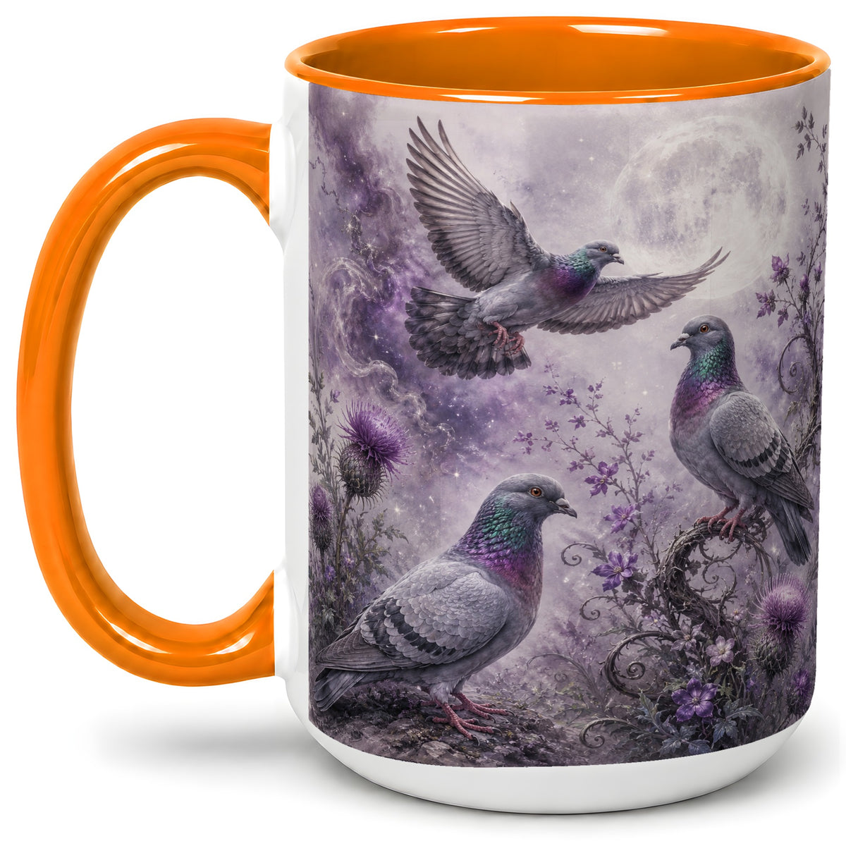 #pl[15oz|Orange] Purple Pigeon Ceramic Mug, Moonlit Floral Bird Art for Bird Fans