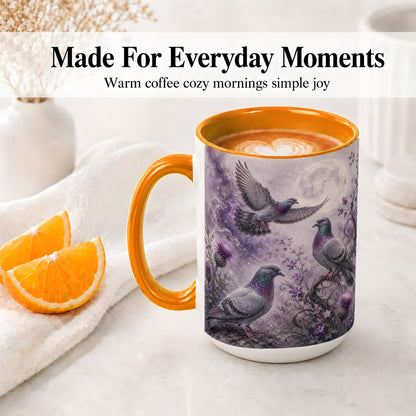 #pl[15oz|Orange] Purple Pigeon Ceramic Mug, Moonlit Floral Bird Art for Bird Fans
