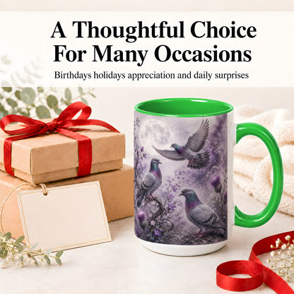 #pl[15oz|Green] Purple Pigeon Ceramic Mug, Moonlit Floral Bird Art for Bird Fans