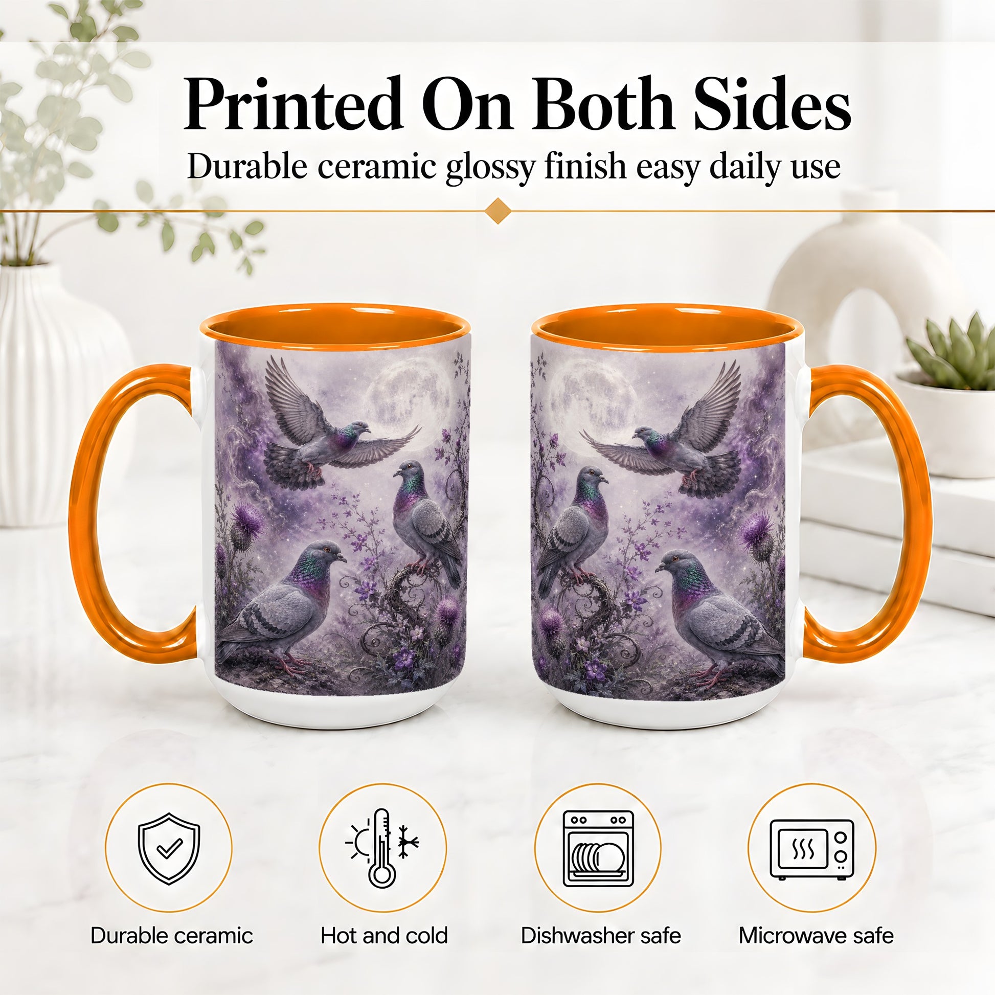 #pl[15oz|Orange] Purple Pigeon Ceramic Mug, Moonlit Floral Bird Art for Bird Fans