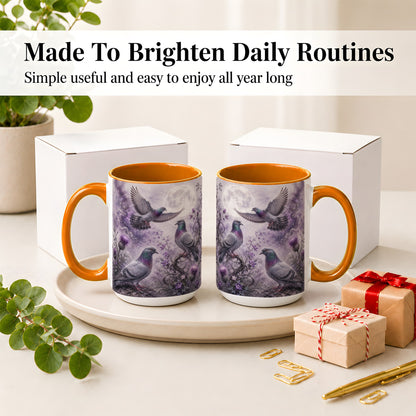 #pl[15oz|Orange] Purple Pigeon Ceramic Mug, Moonlit Floral Bird Art for Bird Fans