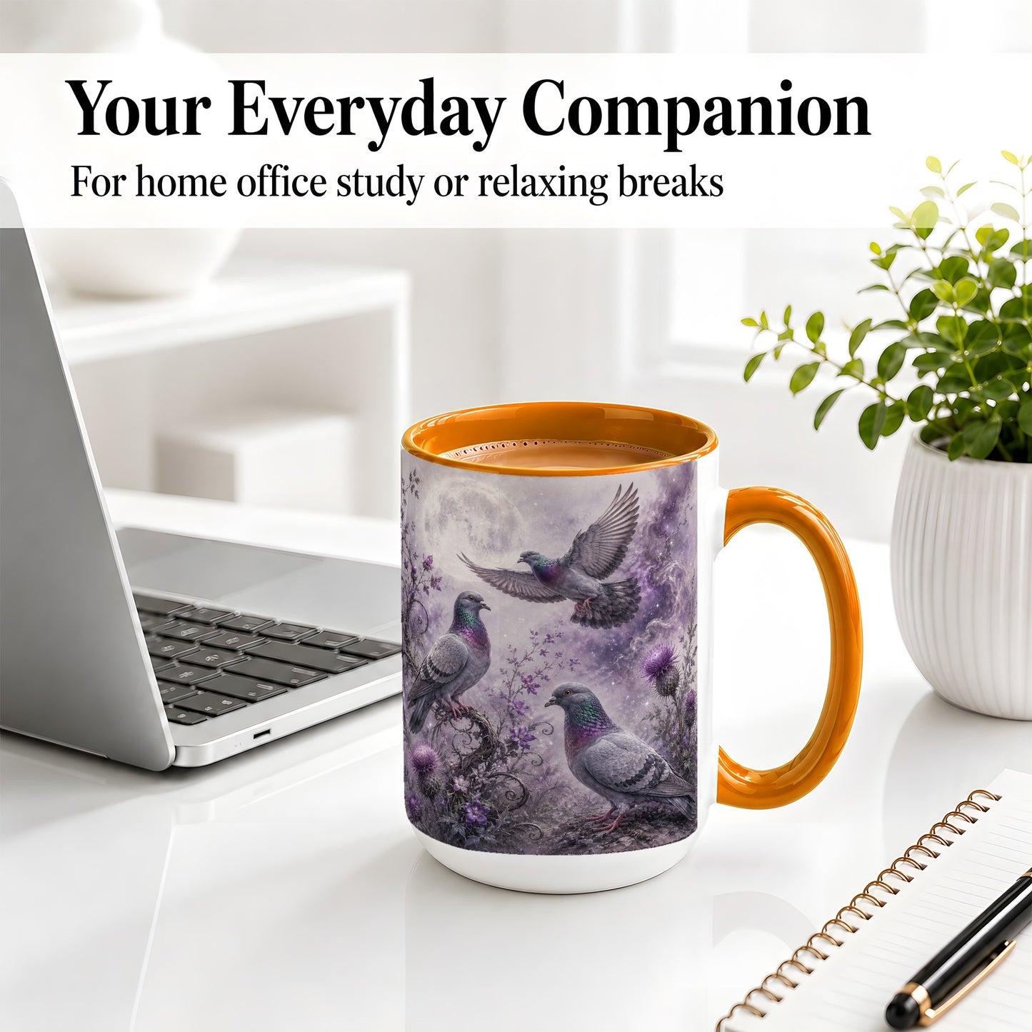 #pl[15oz|Orange] Purple Pigeon Ceramic Mug, Moonlit Floral Bird Art for Bird Fans