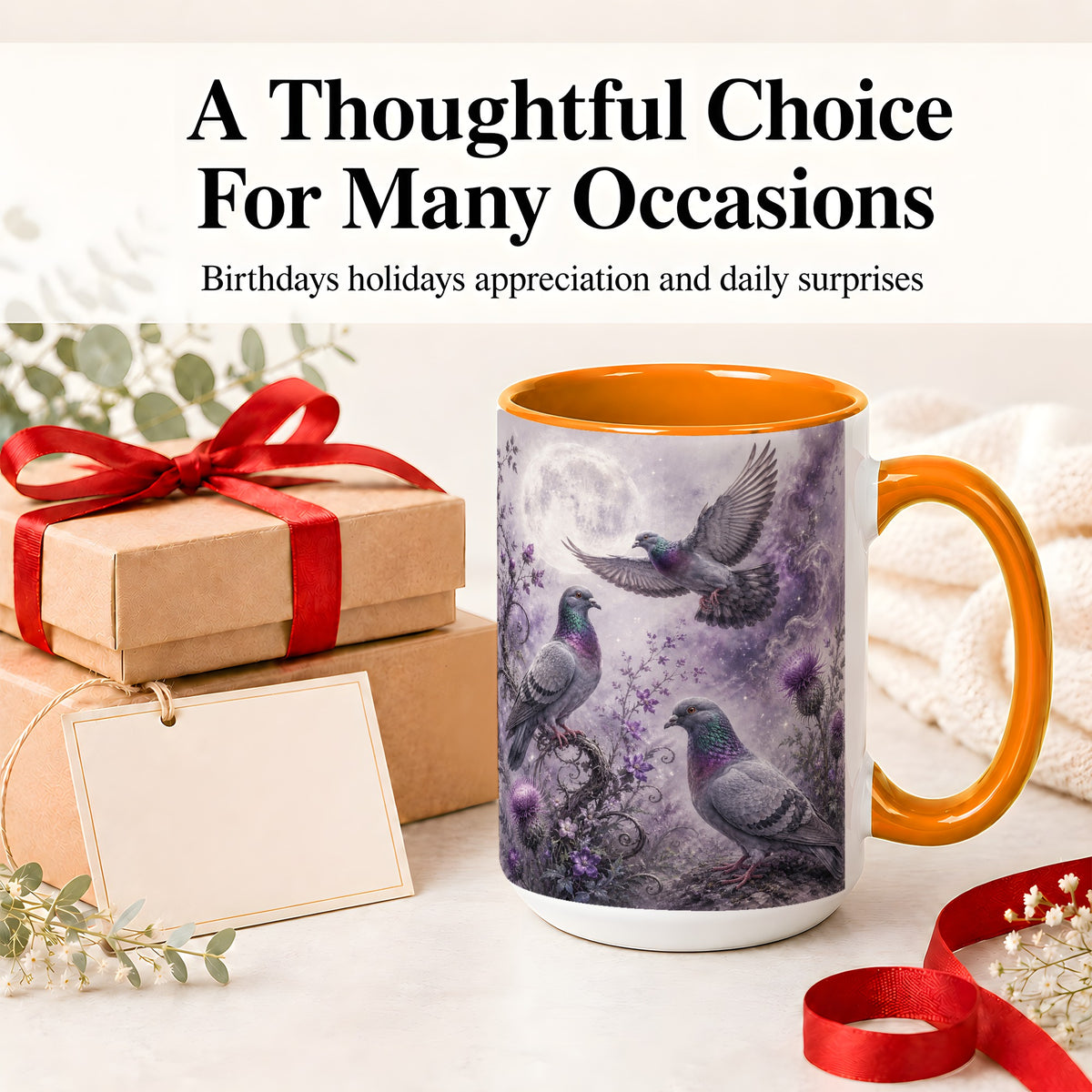 #pl[15oz|Orange] Purple Pigeon Ceramic Mug, Moonlit Floral Bird Art for Bird Fans
