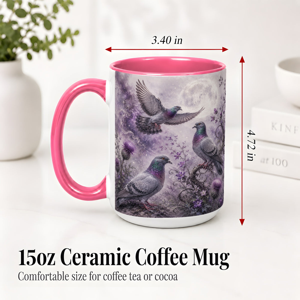 #pl[15oz|Pink] Purple Pigeon Ceramic Mug, Moonlit Floral Bird Art for Bird Fans