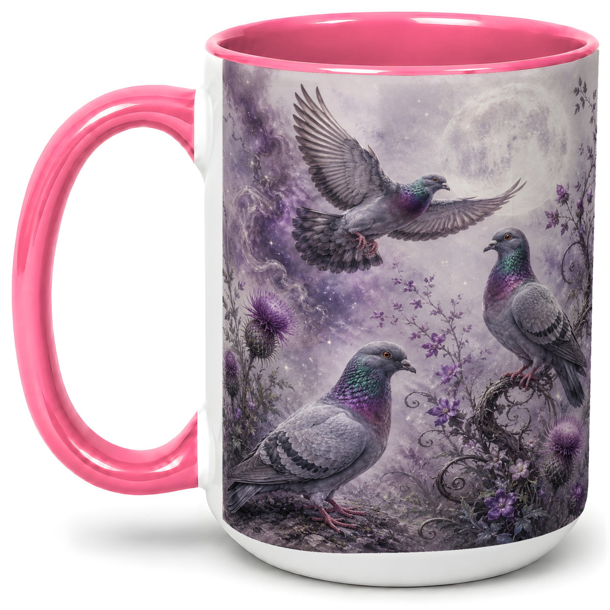#pl[15oz|Pink] Purple Pigeon Ceramic Mug, Moonlit Floral Bird Art for Bird Fans