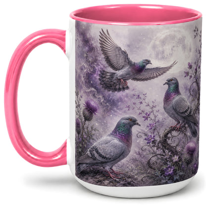 #pl[15oz|Pink] Purple Pigeon Ceramic Mug, Moonlit Floral Bird Art for Bird Fans