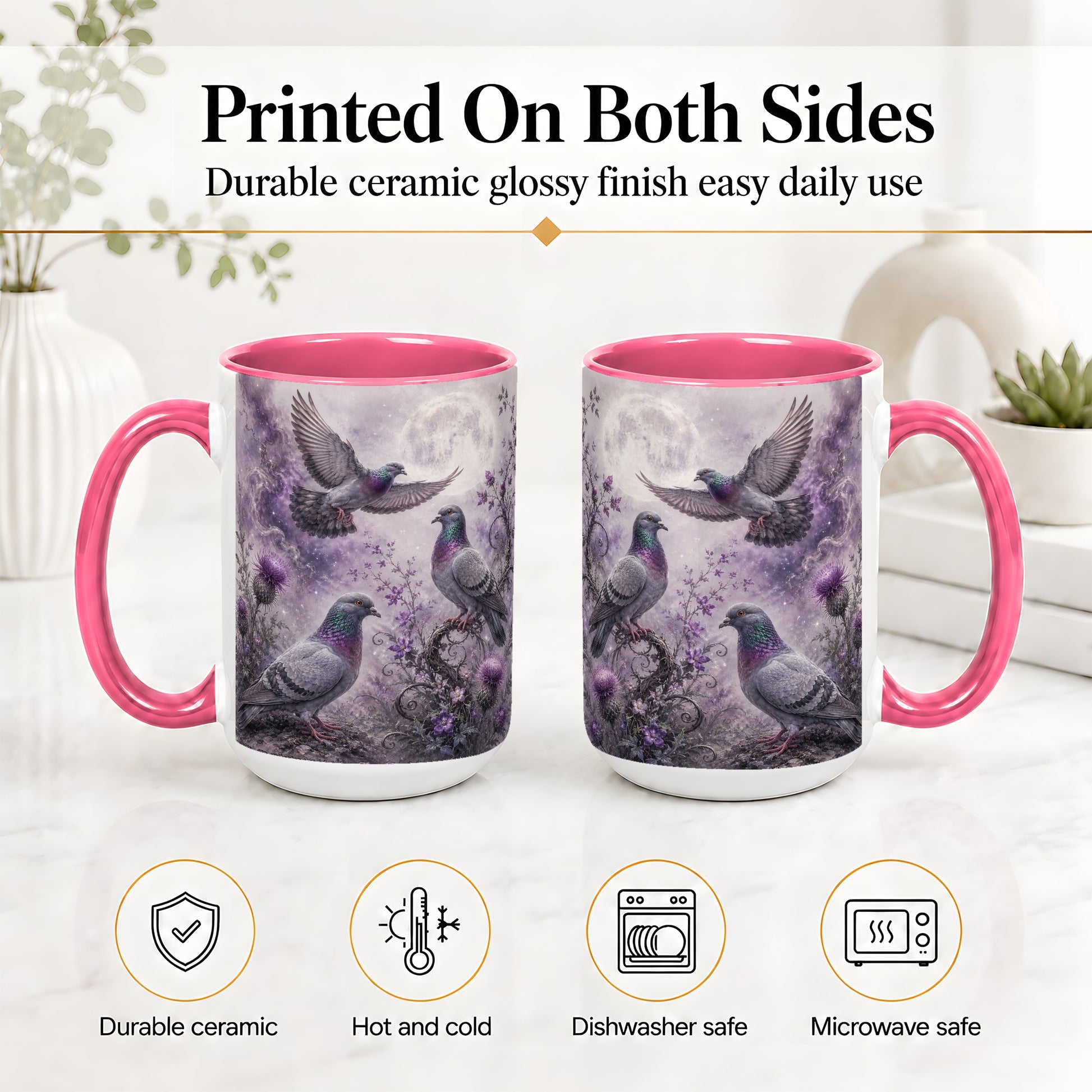 #pl[15oz|Pink] Purple Pigeon Ceramic Mug, Moonlit Floral Bird Art for Bird Fans