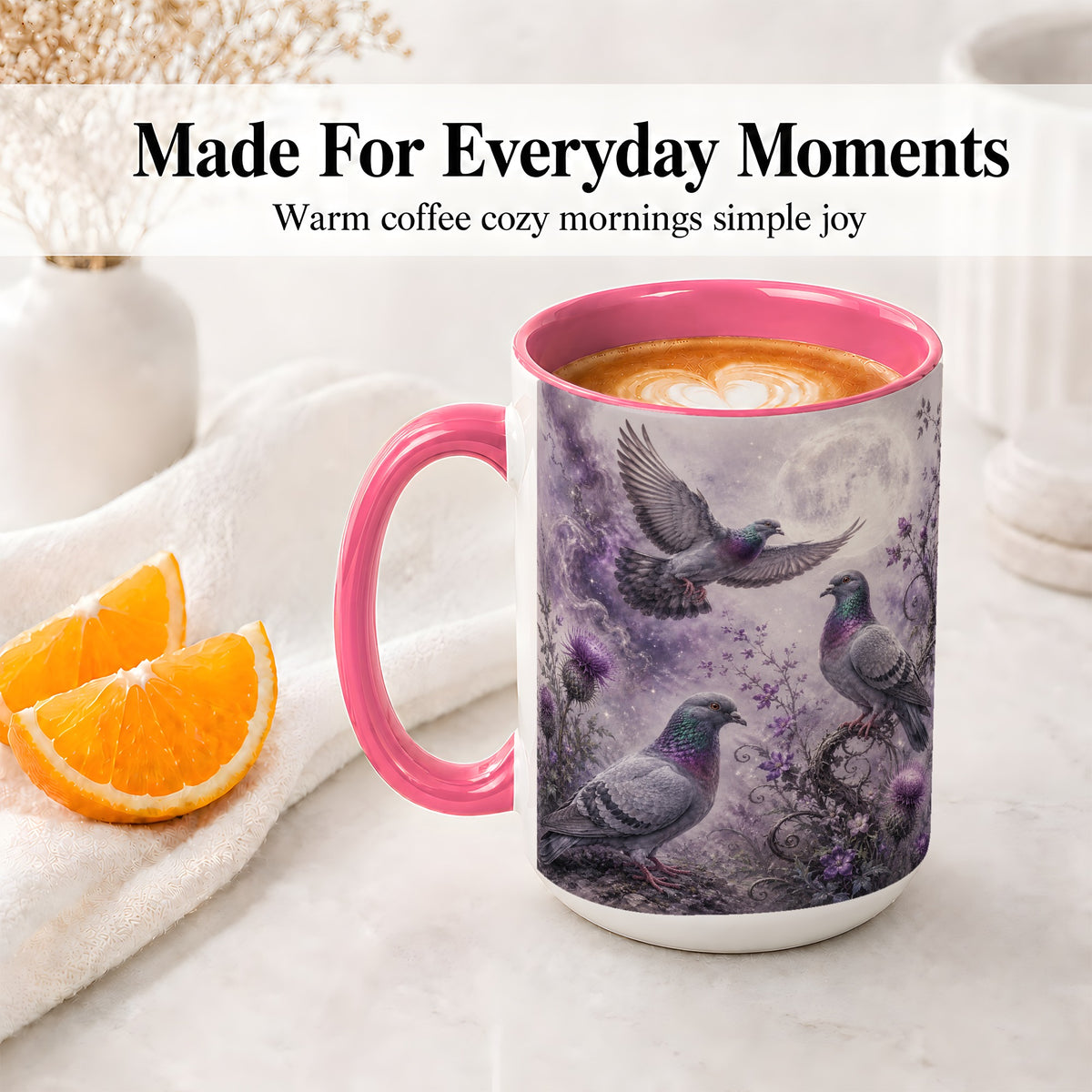 #pl[15oz|Pink] Purple Pigeon Ceramic Mug, Moonlit Floral Bird Art for Bird Fans