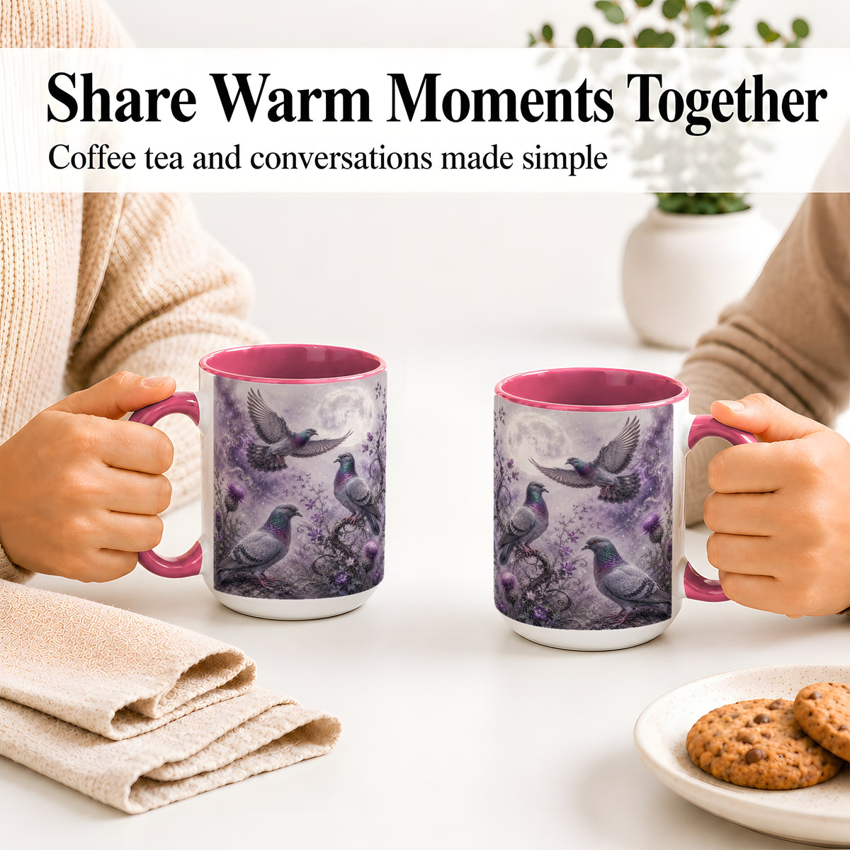 #pl[15oz|Pink] Purple Pigeon Ceramic Mug, Moonlit Floral Bird Art for Bird Fans