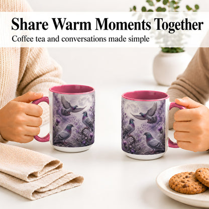 #pl[15oz|Pink] Purple Pigeon Ceramic Mug, Moonlit Floral Bird Art for Bird Fans