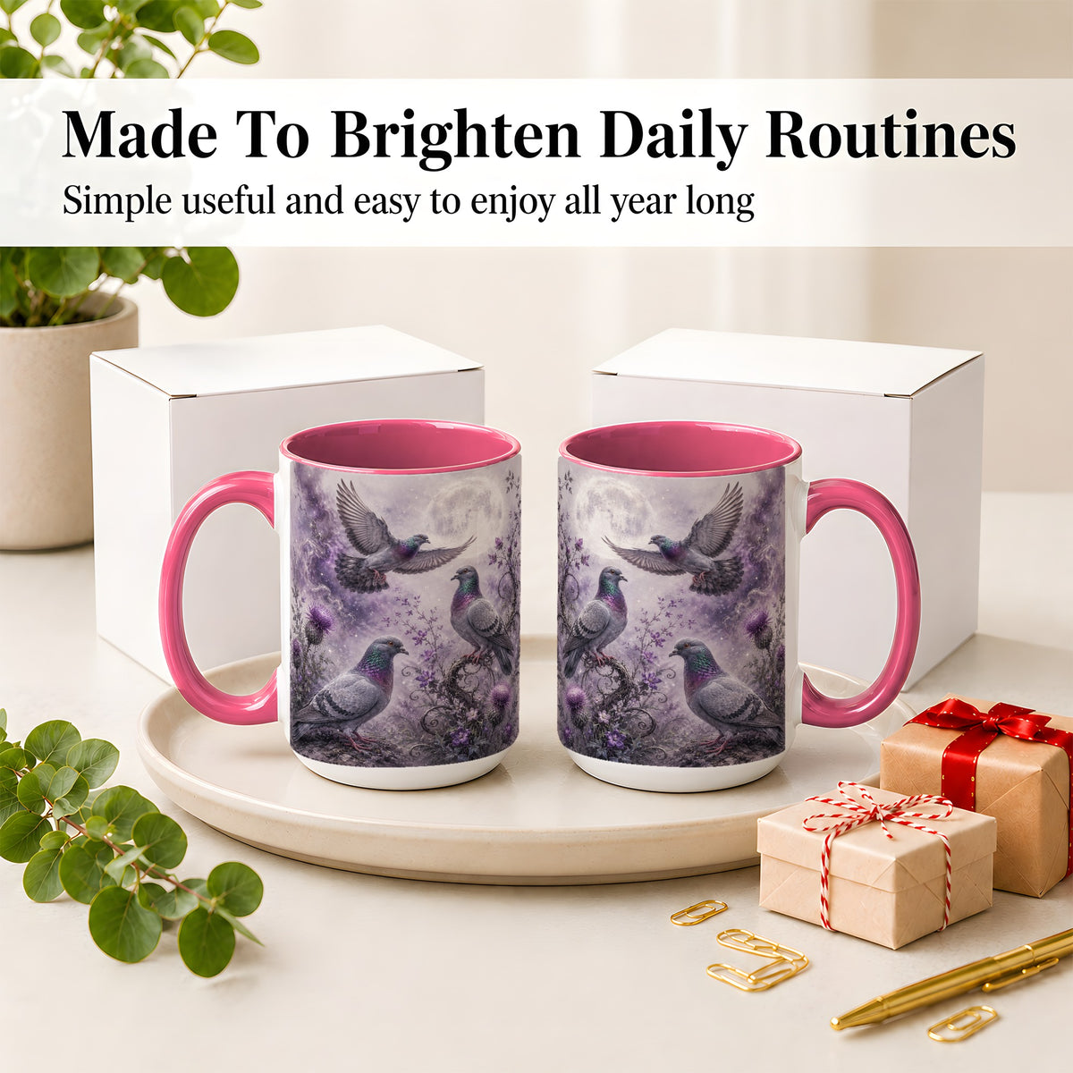 #pl[15oz|Pink] Purple Pigeon Ceramic Mug, Moonlit Floral Bird Art for Bird Fans