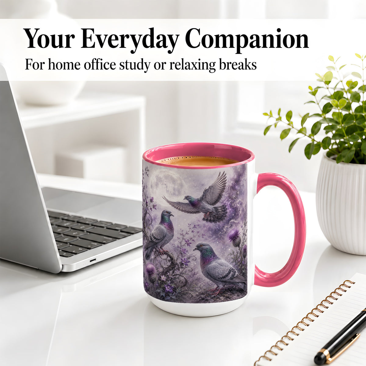 #pl[15oz|Pink] Purple Pigeon Ceramic Mug, Moonlit Floral Bird Art for Bird Fans