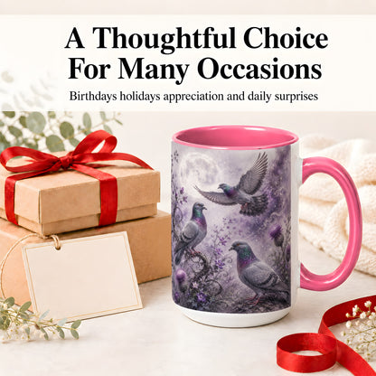 #pl[15oz|Pink] Purple Pigeon Ceramic Mug, Moonlit Floral Bird Art for Bird Fans
