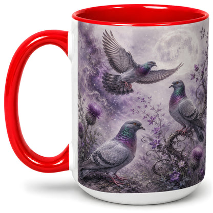 #pl[15oz|Red] Purple Pigeon Ceramic Mug, Moonlit Floral Bird Art for Bird Fans