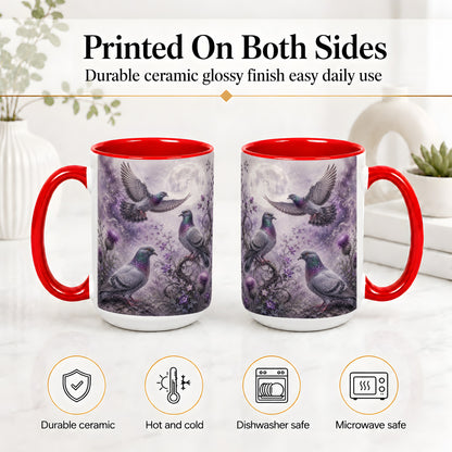 #pl[15oz|Red] Purple Pigeon Ceramic Mug, Moonlit Floral Bird Art for Bird Fans