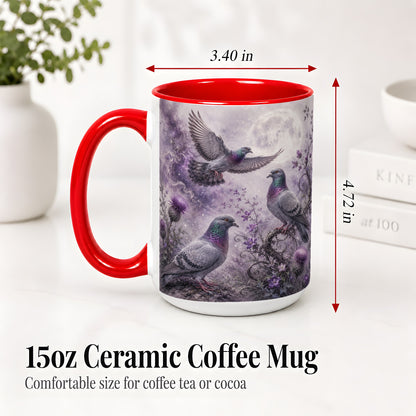 #pl[15oz|Red] Purple Pigeon Ceramic Mug, Moonlit Floral Bird Art for Bird Fans