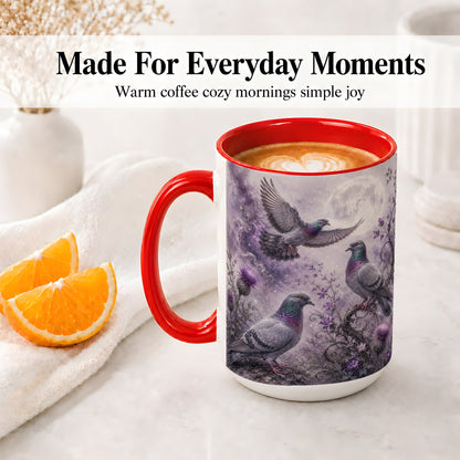 #pl[15oz|Red] Purple Pigeon Ceramic Mug, Moonlit Floral Bird Art for Bird Fans