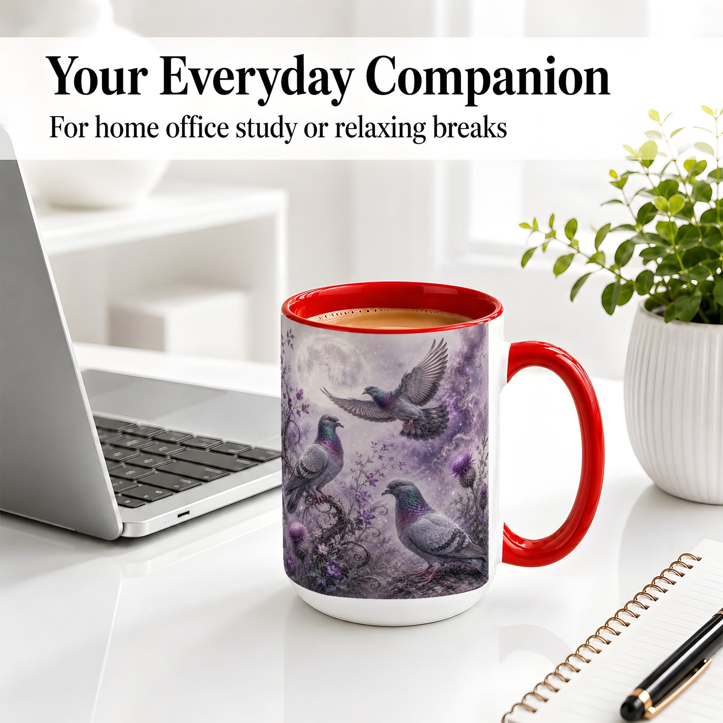 #pl[15oz|Red] Purple Pigeon Ceramic Mug, Moonlit Floral Bird Art for Bird Fans